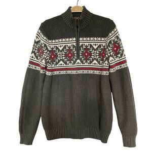 IZOD Fair Isle Sweater Men Size M Gray 1/4 Zip Cotton Blend Aspen Preppy Cottage